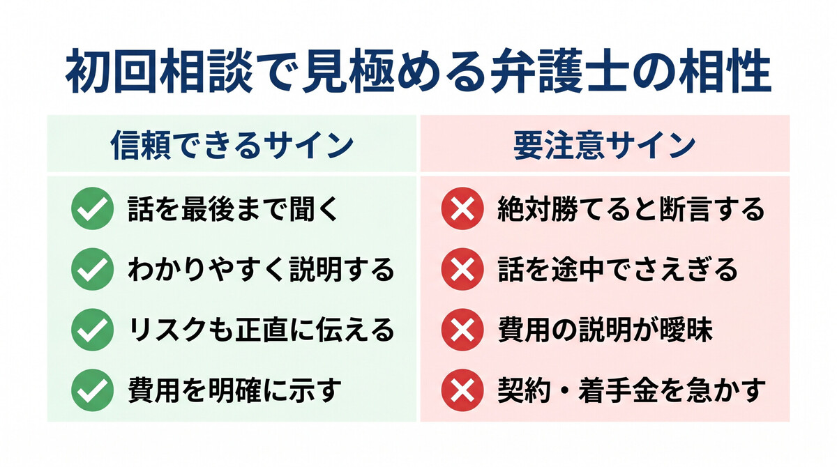 弁護士との相性・信頼関係を見極めるポイントの解説図