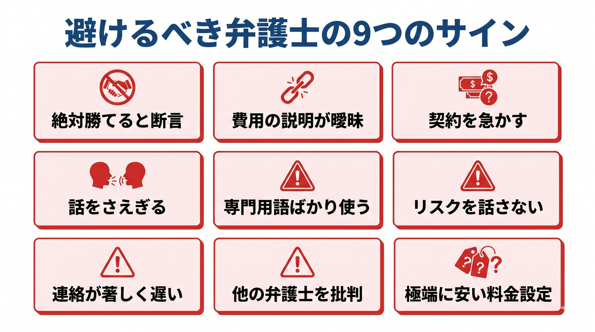 避けるべき弁護士のサイン・警戒すべき行動パターン一覧図