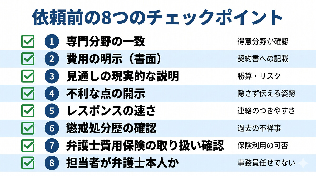 弁護士依頼前の8つのチェックポイント一覧表