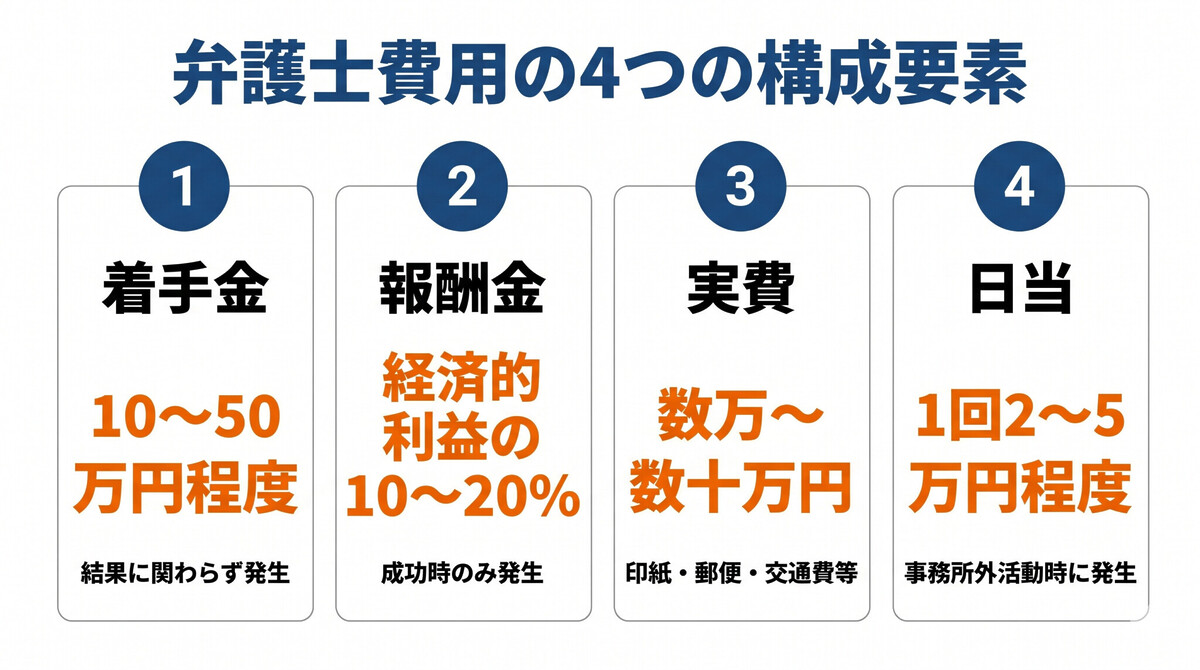 弁護士費用の種類（着手金・報酬金・実費・日当）の仕組み図