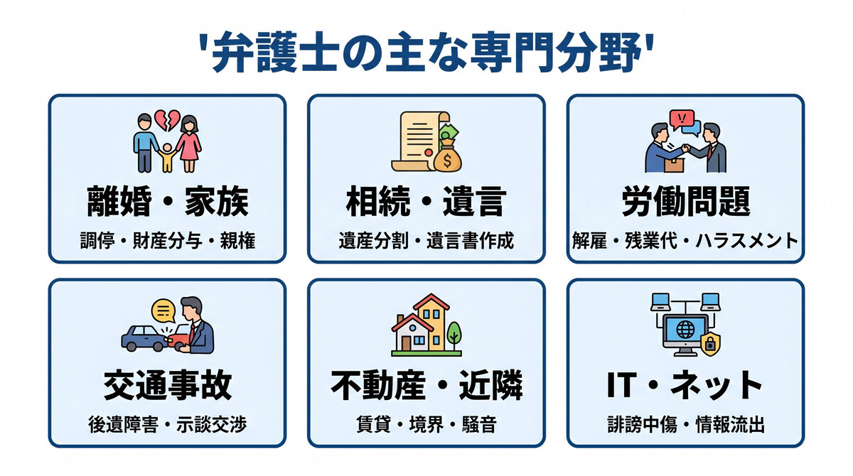 弁護士の専門分野一覧と選び方の基準を示すインフォグラフィック