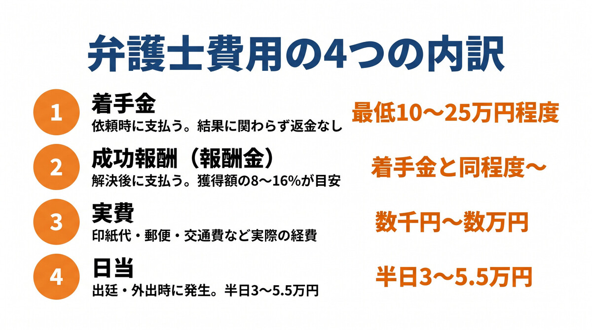 弁護士費用の内訳（着手金・成功報酬・実費・日当）の仕組みを示す図解