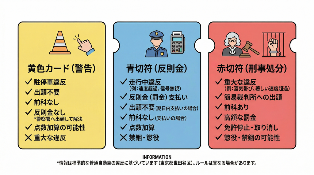 黄色切符・青切符・赤切符の違いを比較したイメージ