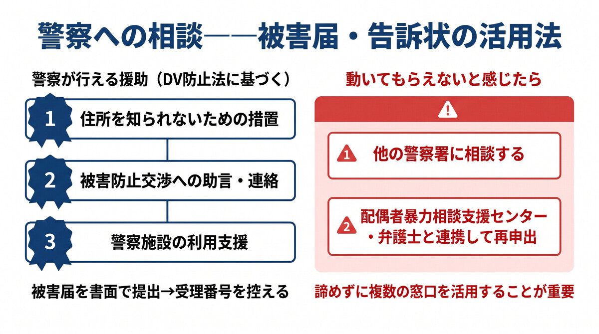 DVの警察への相談手順と警察が行える支援の解説図