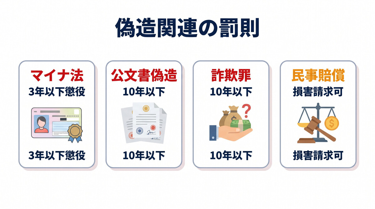偽造マイナンバーカード 罰則 マイナ法3年 詐欺罪10年 公文書偽造 民事責任