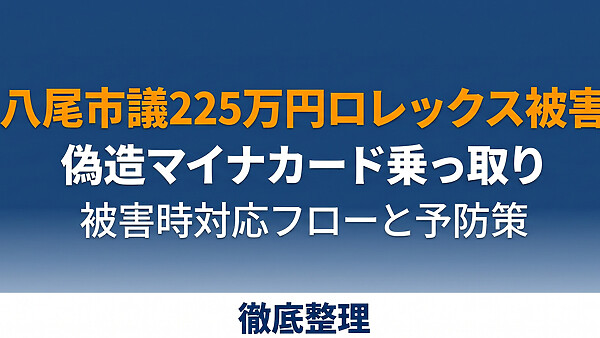 偽造マイナンバーカード・スマホ乗っ取りの全貌、八尾市議225万円ロレックス事件と被害時の対応フローを徹底整理。
