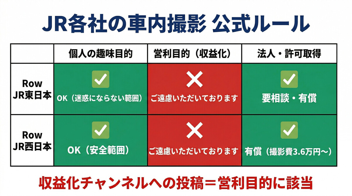 JR各社の車内撮影ルール比較