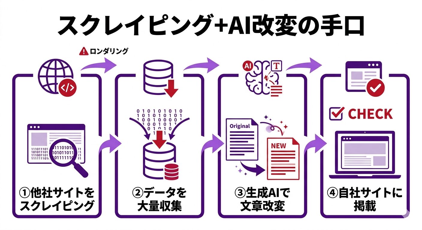 スクレイピングと生成AI改変による盗用の手口フロー