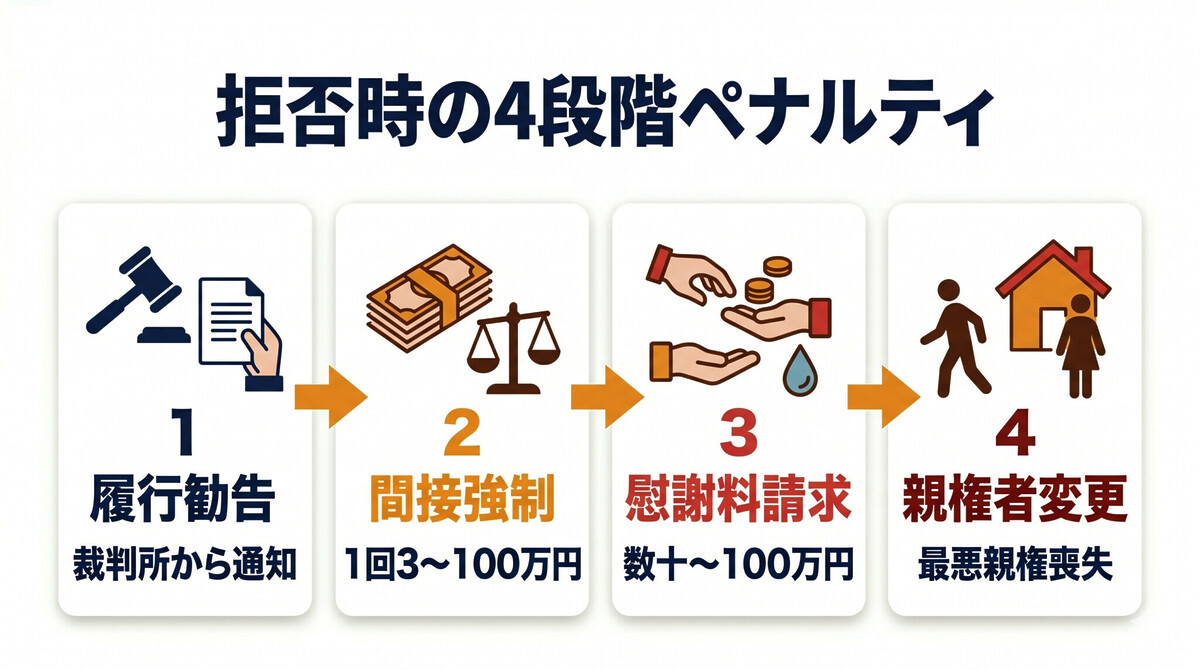 親子交流拒否 ペナルティ 4段階 履行勧告 間接強制 慰謝料 親権者変更