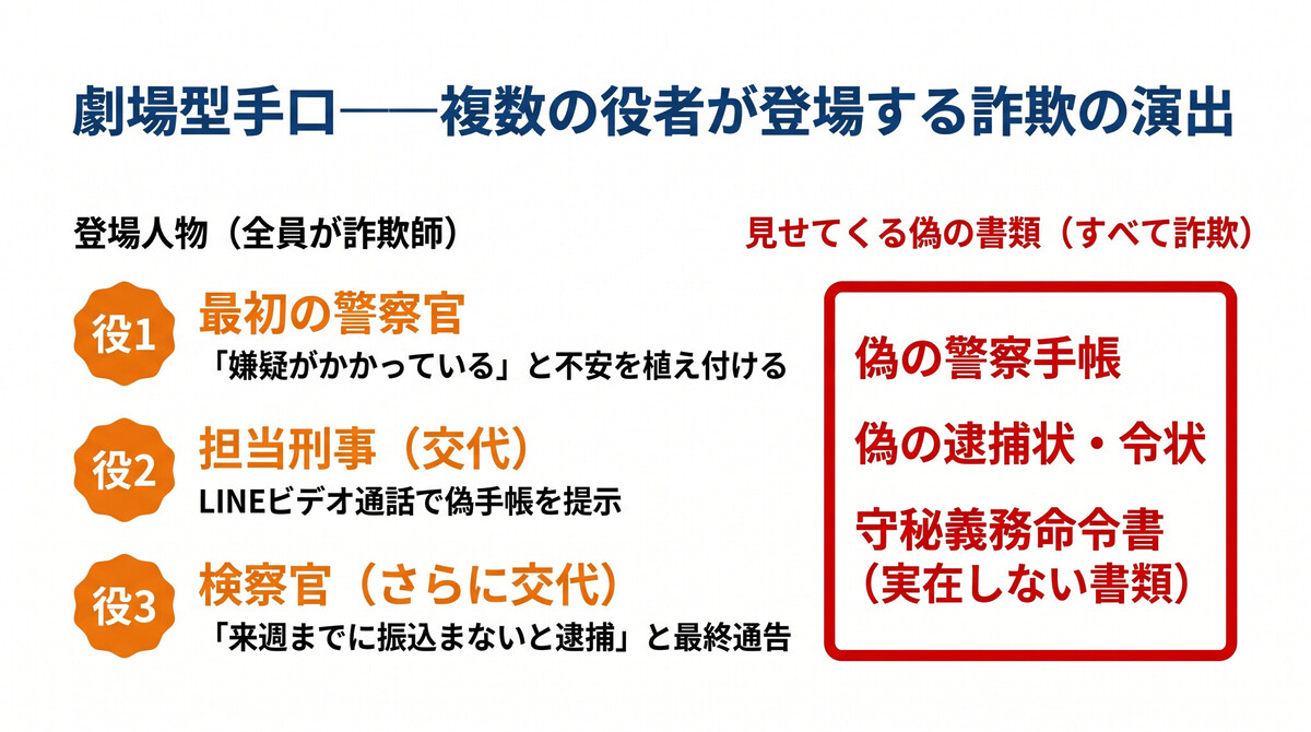 偽警察官詐欺の劇場型手口の詳細シナリオ図解