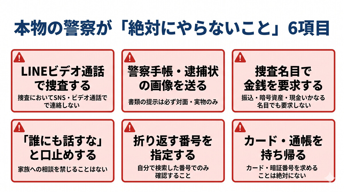 本物の警察と偽警察官の行動の違い一覧
