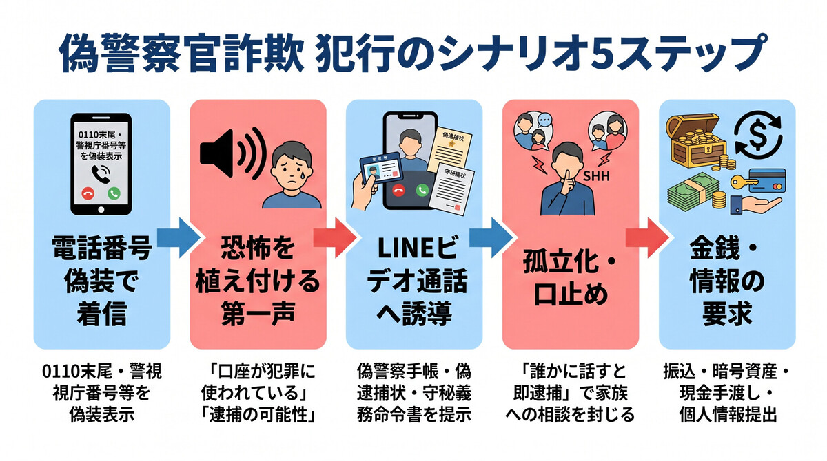 偽警察官詐欺の手口フロー図解