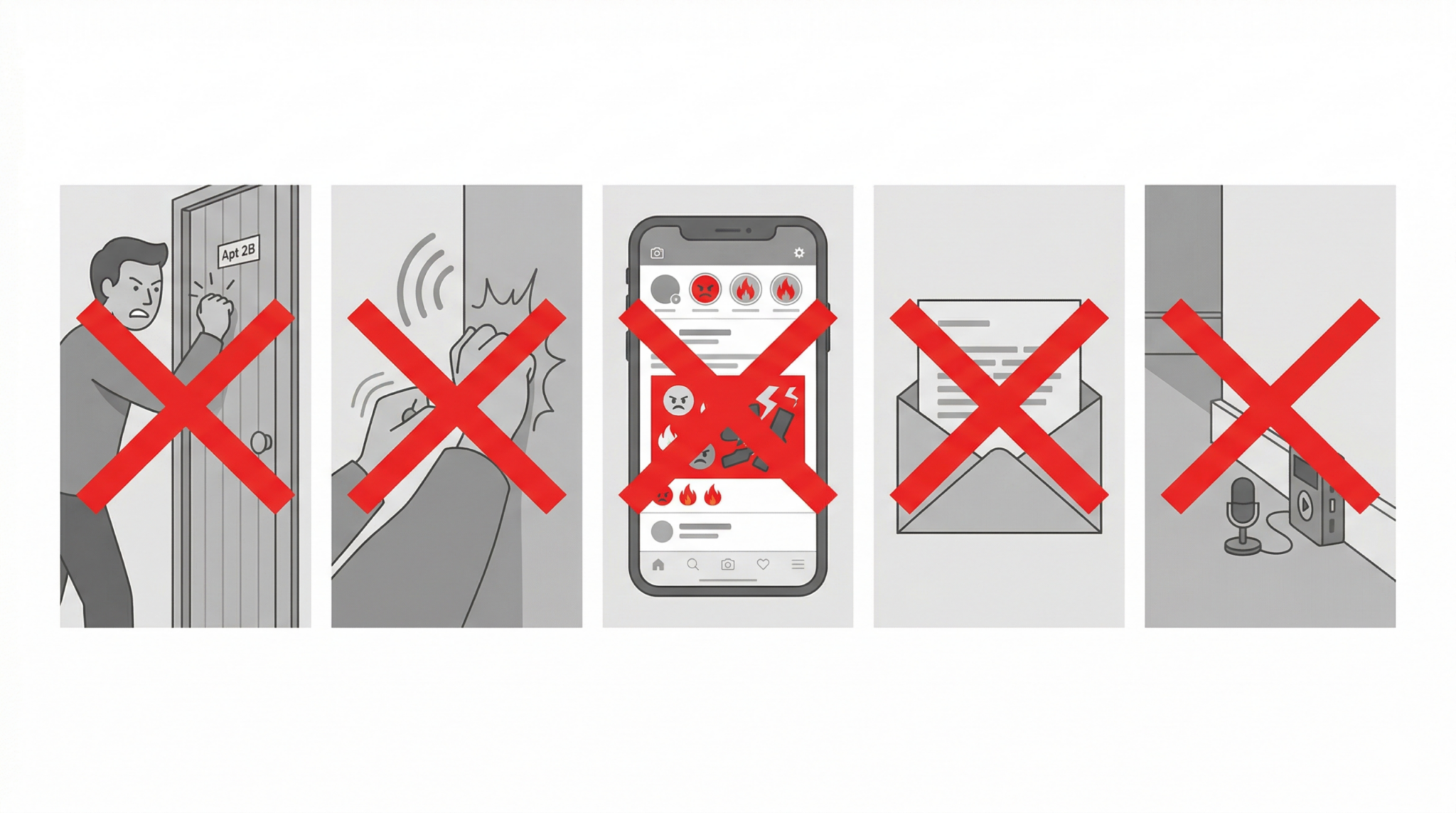 騒音トラブルで絶対にやってはいけないNG行動のイメージ