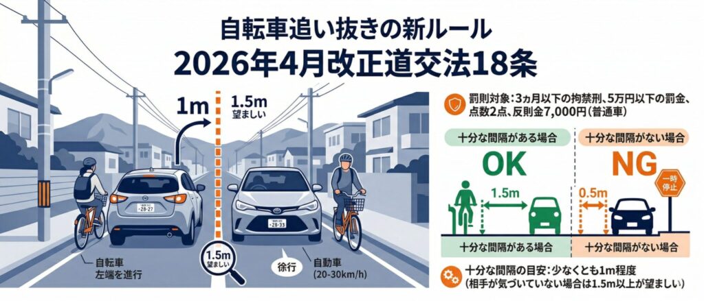 【2026年最新】自転車追い抜きの新ルール｜ドライバーが知らないと反則金7000円！改正道交法18条の全知識