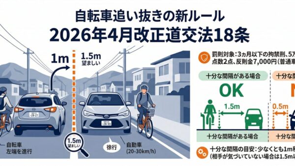 【2026年最新】自転車追い抜きの新ルール｜ドライバーが知らないと反則金7000円！改正道交法18条の全知識