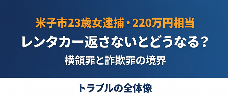レンタカーを返さなかったらどうなる？米子市23歳女逮捕・横領罪5年と詐欺罪10年の境界、事故・損傷時のNOCと損害賠償の全体像。
