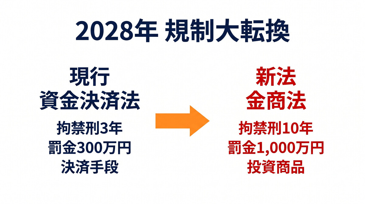 2028年1月施行予定 暗号資産の金商法への移行 拘禁刑10年罰金1000万円への厳罰化