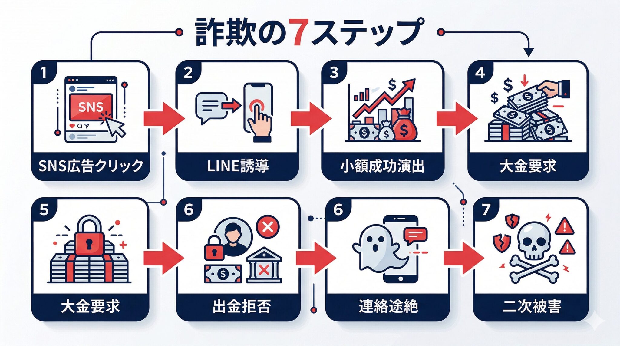 SNS投資詐欺の典型的な手口7ステップ