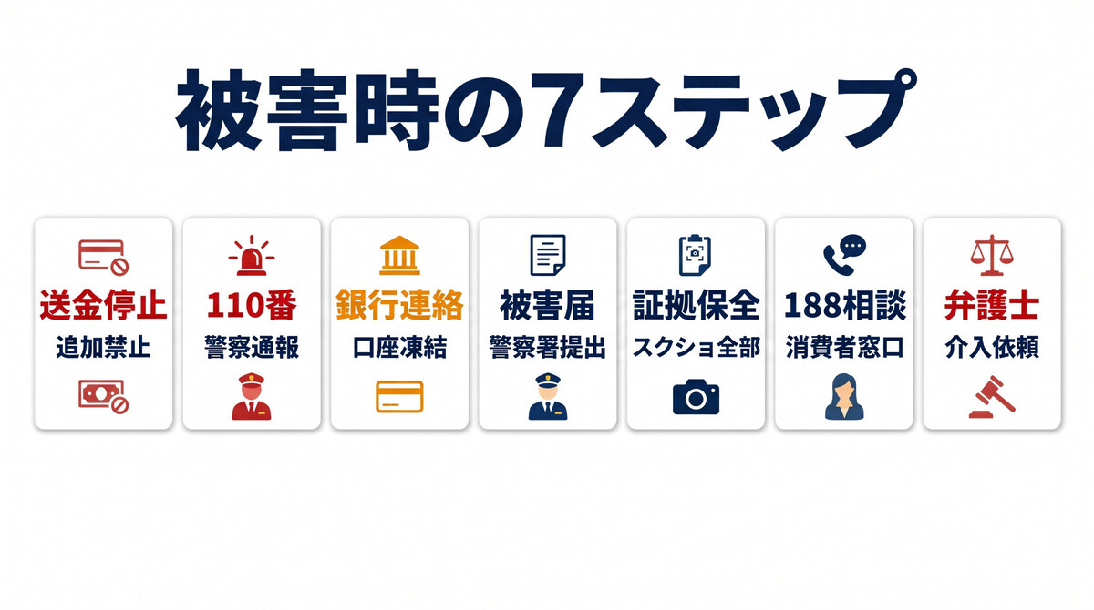 SNS投資詐欺 被害 対応 7ステップ 即座 警察 銀行 返金