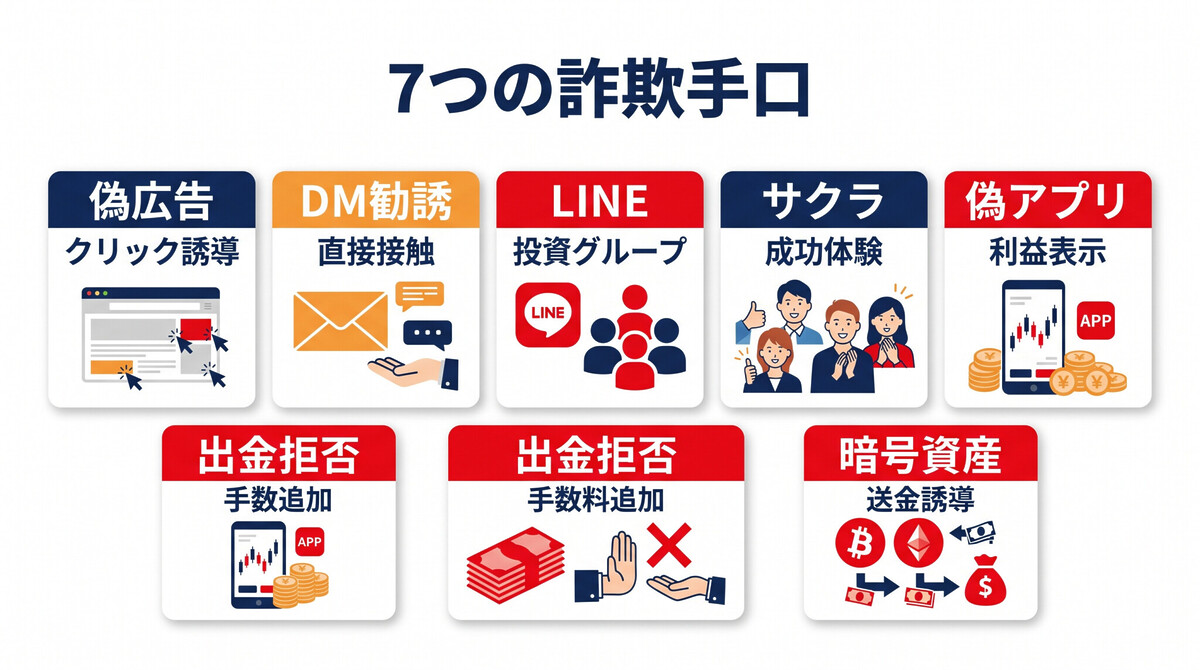 SNS投資詐欺 手口 7つ 偽広告 DM LINE グループ サクラ 出金拒否