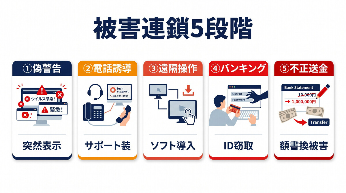 サポート詐欺 5段階 連鎖 警告画面 電話 遠隔操作 送金