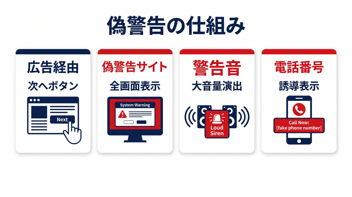 サポート詐欺 偽警告 仕組み 広告経由 偽サイト 誘導