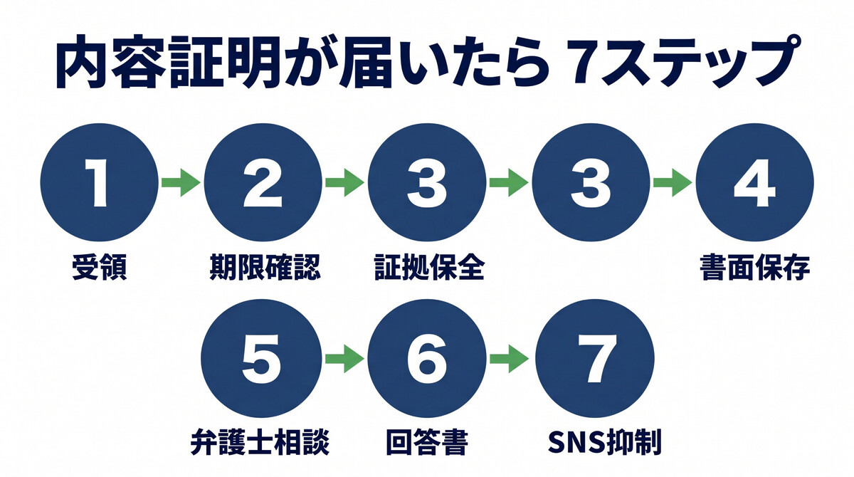 内容証明が届いたときの7ステップ対応 証拠保全 開封 記録 弁護士相談 回答書 報告