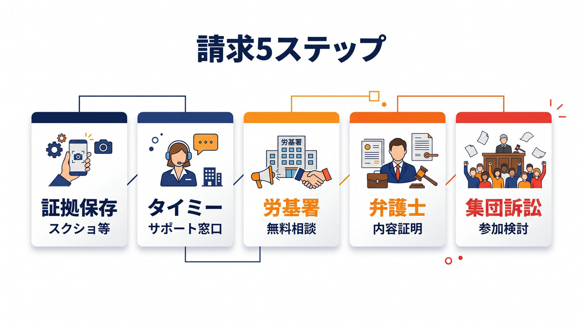 タイミー 直前キャンセル 請求 5ステップ 証拠 労基署 集団訴訟 弁護士