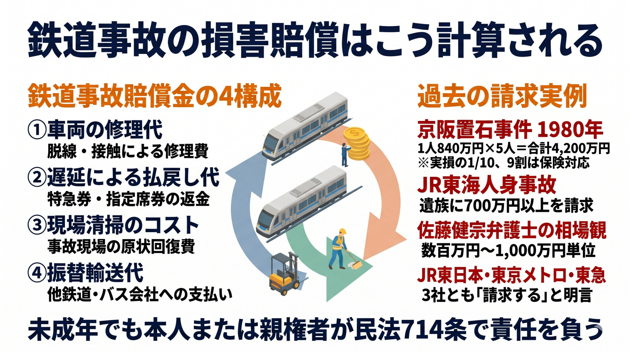 鉄道事故の賠償金の内訳 車両修理代 遅延払戻 現場清掃 振替輸送代