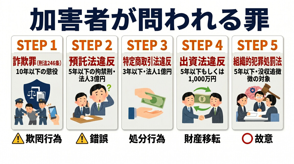 投資詐欺で成立する罪 詐欺罪 預託法違反 特定商取引法違反 出資法違反 組織的犯罪処罰法