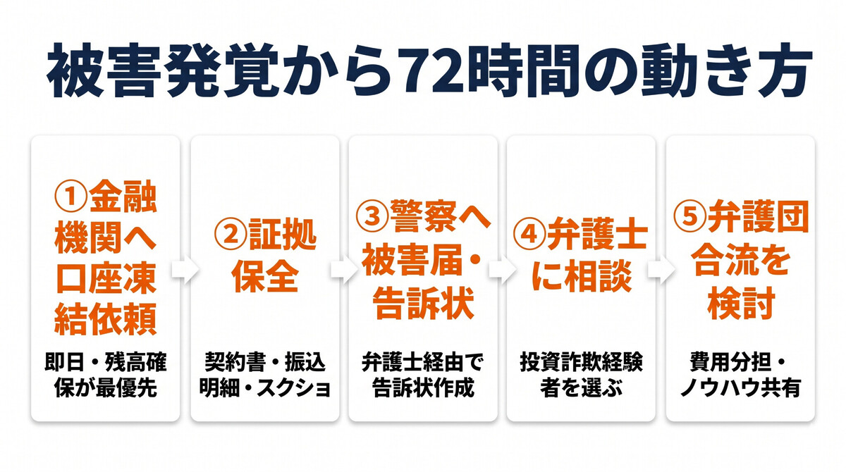 投資詐欺被害時の初動対応 口座凍結依頼 証拠保全 警察被害届 弁護士相談 弁護団合流