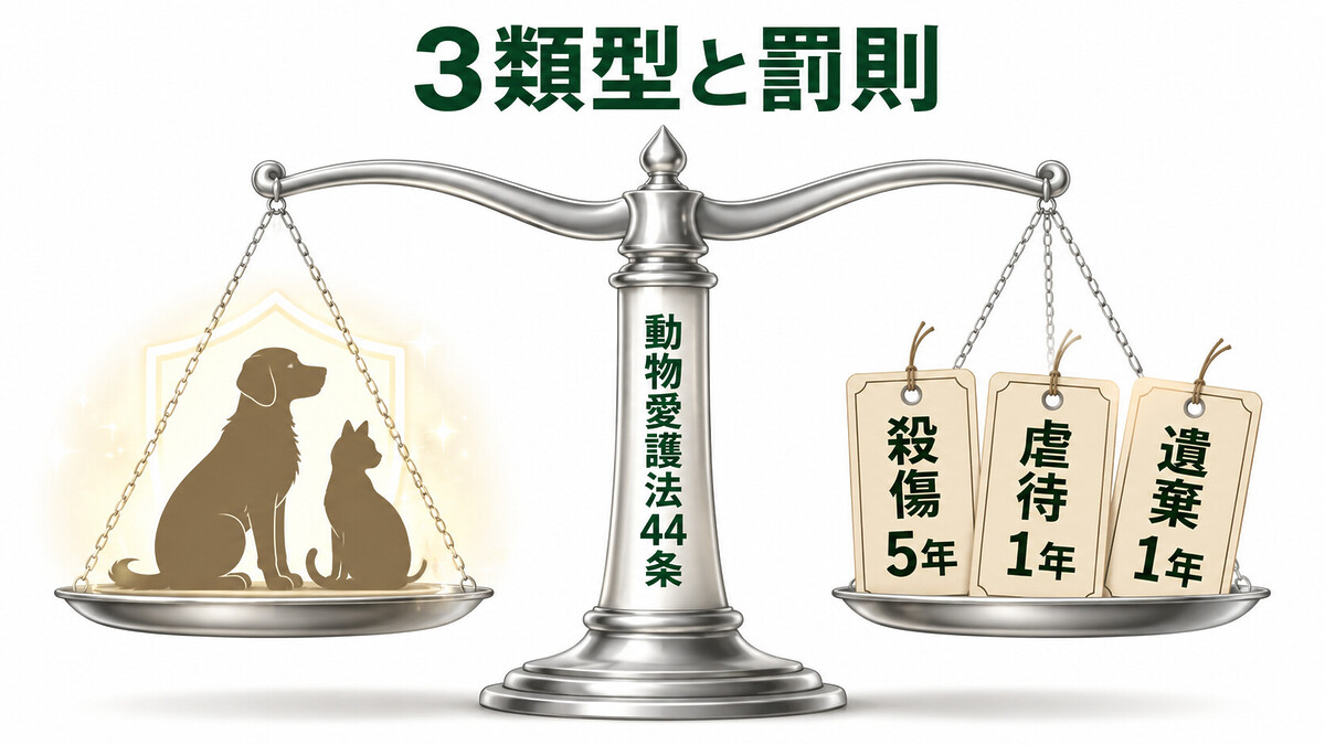 動物虐待 3類型 積極的虐待 ネグレクト 遺棄 殺傷罪 5年 500万円 1年 100万円 罰則