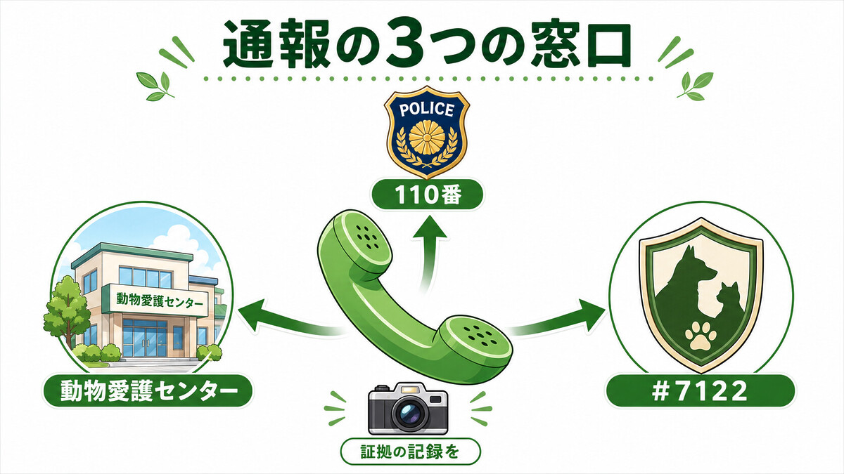 動物虐待 通報 方法 110番 警察 動物愛護センター 保健所 アニマルポリス 7122 証拠