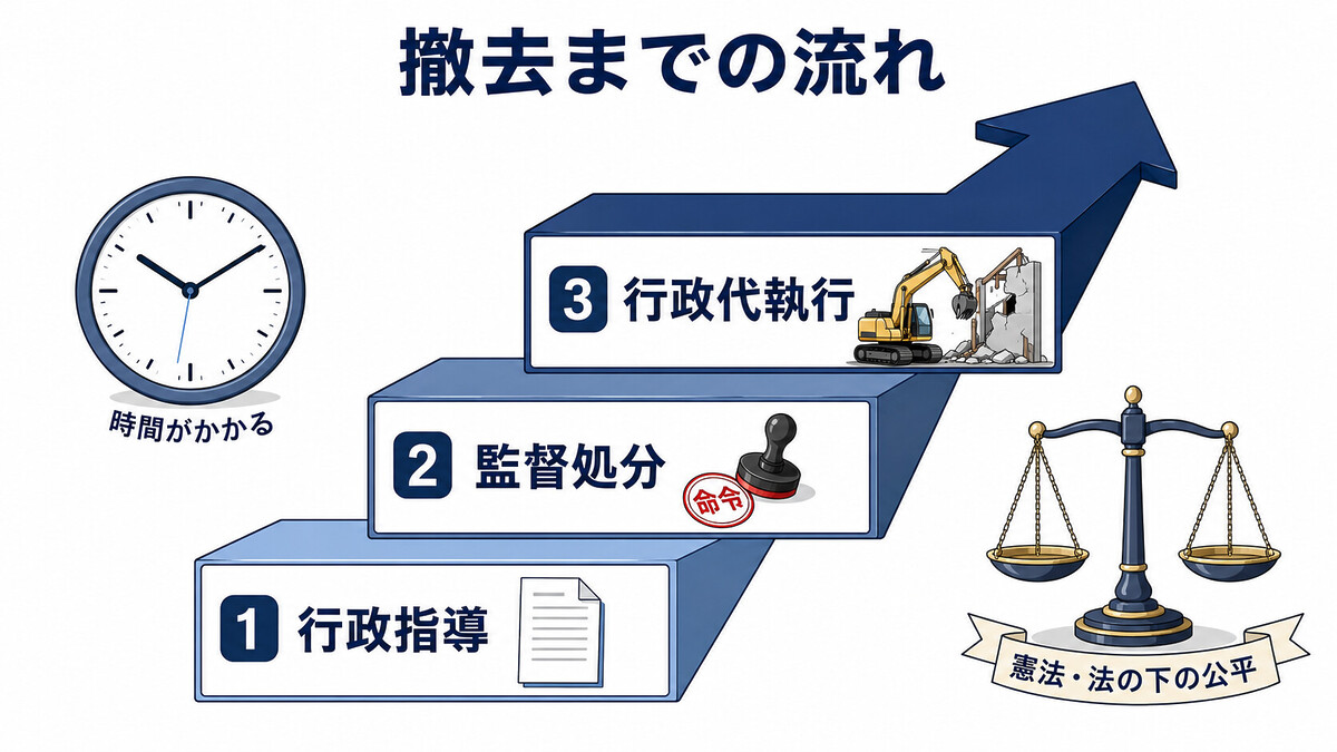 違反建築物 撤去 流れ 是正指導 工事停止命令 除却命令 行政代執行 期間 時間