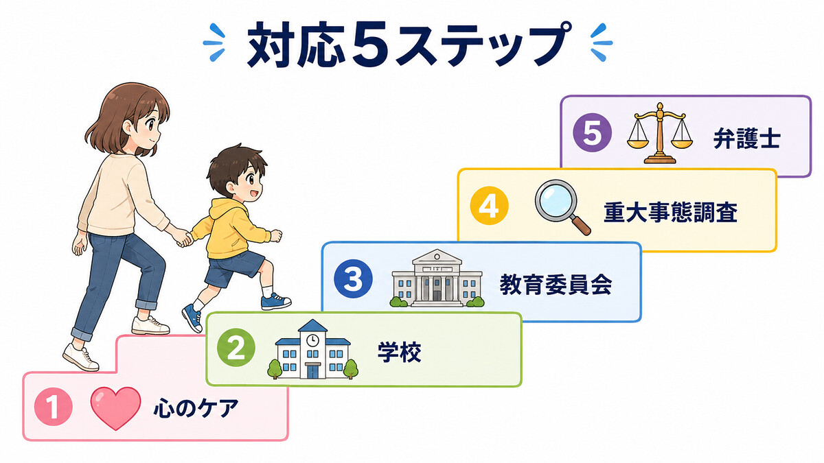 いじめ 不登校 対応 順序 5ステップ 学校 担任 校長 教育委員会 弁護士 相談