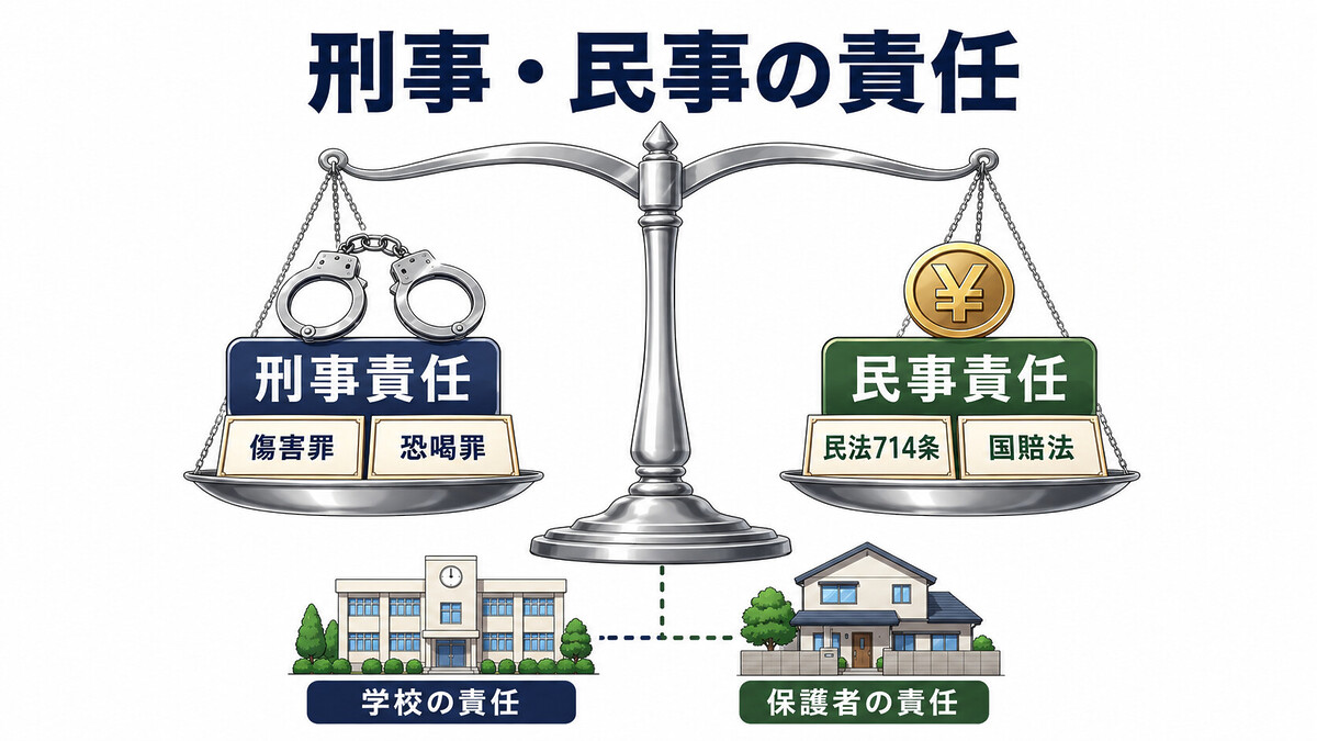 いじめ 刑事責任 傷害罪 暴行罪 恐喝罪 名誉毀損 民事 民法709条 714条 親 監督責任 学校 安全配慮義務