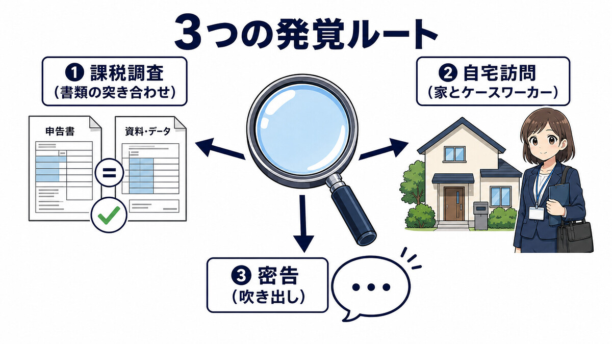 生活保護 不正受給 バレる 課税調査 自宅訪問 ケースワーカー 密告 通報 発覚 経路